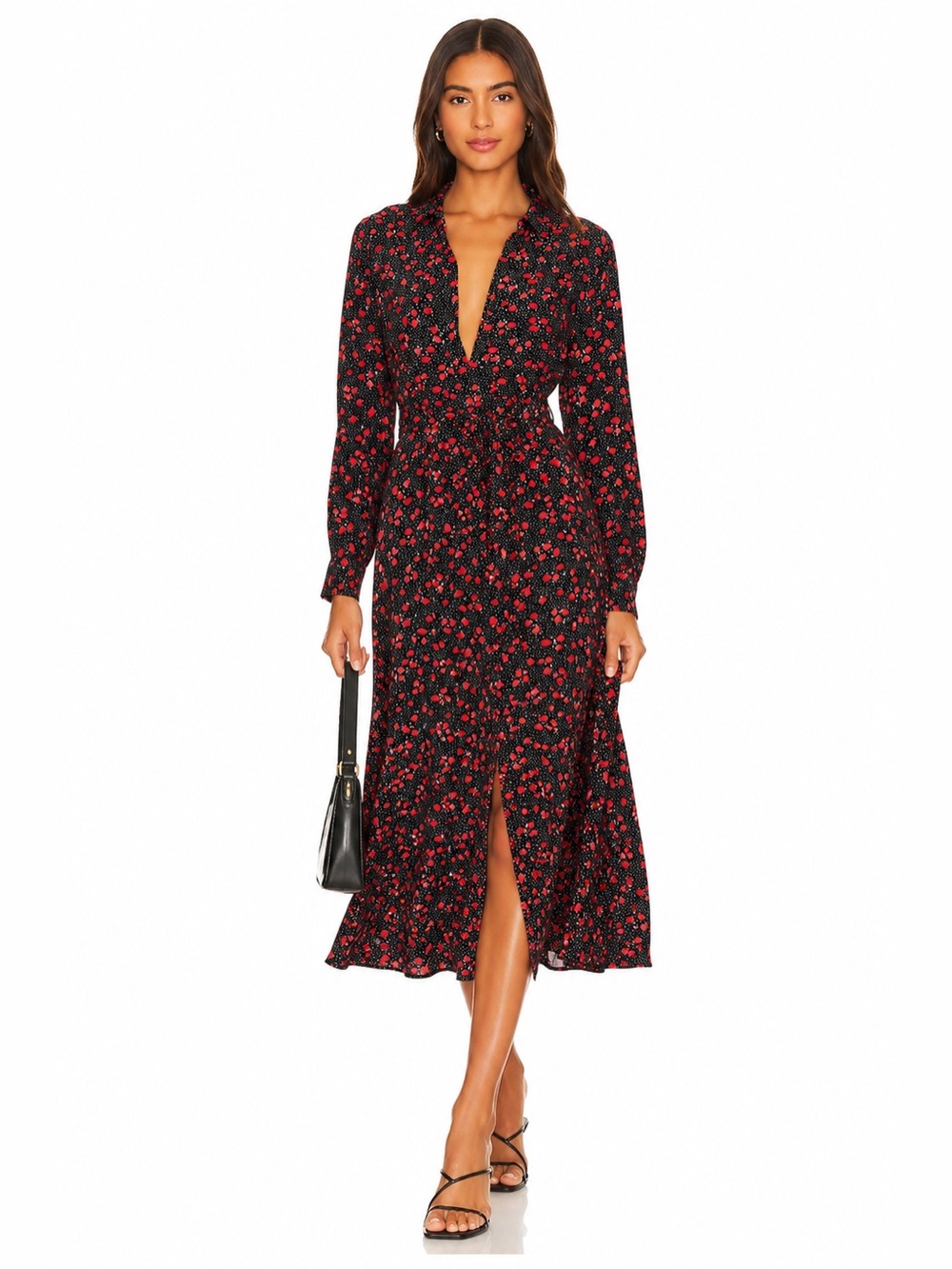 Zara Black Red Floral Midi Shirt Dress Tie Waist Long Sleeve Size small